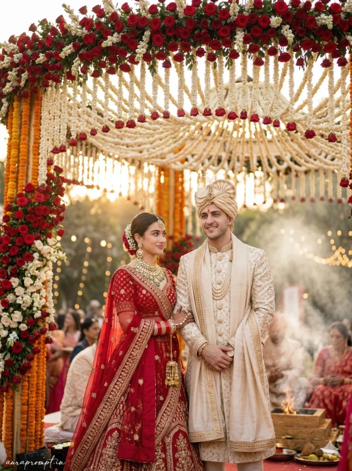 Luxury wedding mandap with bride and groom